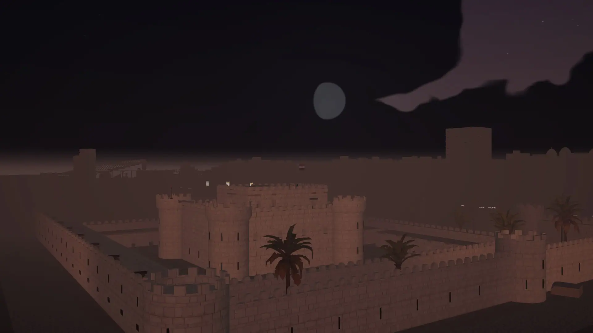Qaitbay Citadel at night under the moon — real in-game screenshot